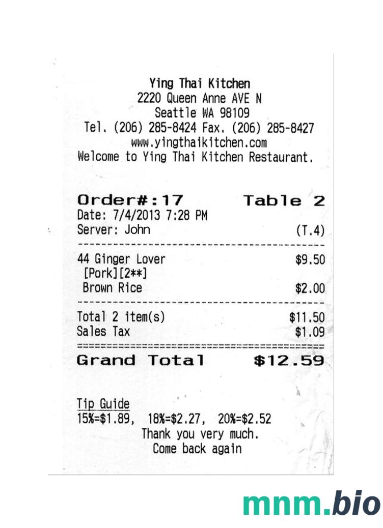 Ying Thai Kitchen przykładowy czek płatniczy PSD